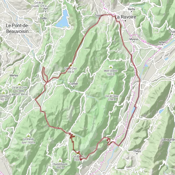 Miniatua del mapa de inspiración ciclista "Ruta de Grava desde Lumbin a Goncelin" en Rhône-Alpes, France. Generado por Tarmacs.app planificador de rutas ciclistas