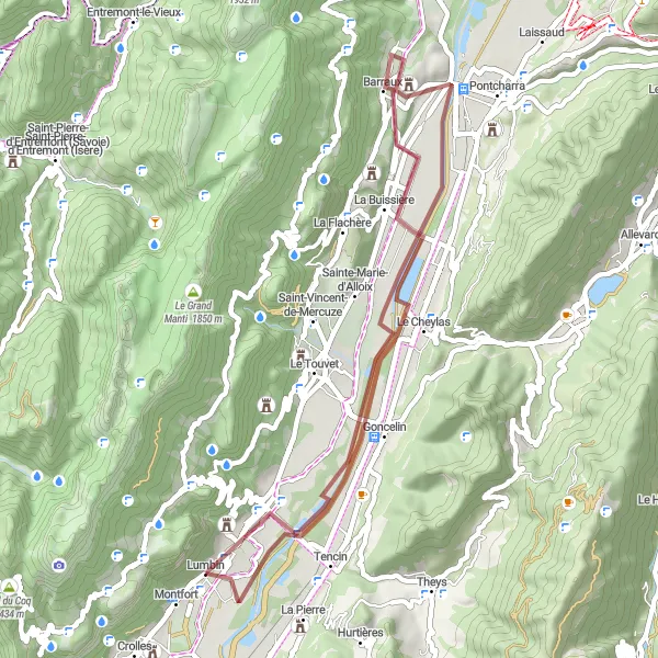Kartminiatyr av "Gravelväg till Lumbin" cykelinspiration i Rhône-Alpes, France. Genererad av Tarmacs.app cykelruttplanerare