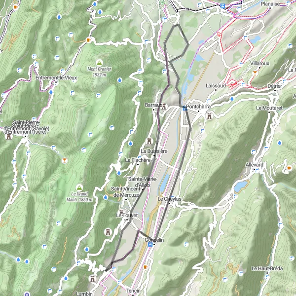 Miniature de la carte de l'inspiration cycliste "Parcours pittoresque de 45 km de Goncelin à Le Touvet" dans la Rhône-Alpes, France. Générée par le planificateur d'itinéraire cycliste Tarmacs.app