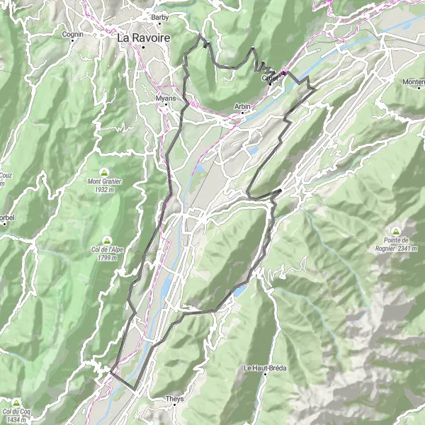 Kartminiatyr av "Utmanande tur genom Alperna" cykelinspiration i Rhône-Alpes, France. Genererad av Tarmacs.app cykelruttplanerare