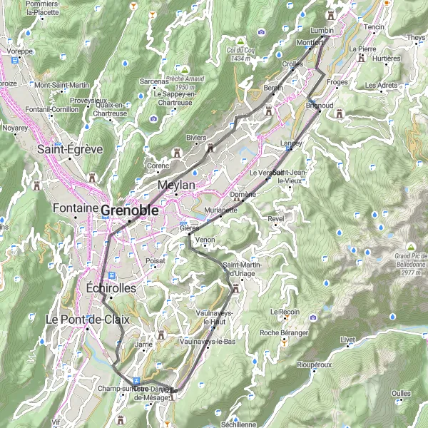 Mapa miniatúra "Road Villard-Bonnot - Les Charmettes - Vaulnaveys-le-Haut - Moutet - Belvédaire - Grenoble - Montbonnot-Saint-Martin - Crolles" cyklistická inšpirácia v Rhône-Alpes, France. Vygenerované cyklistickým plánovačom trás Tarmacs.app