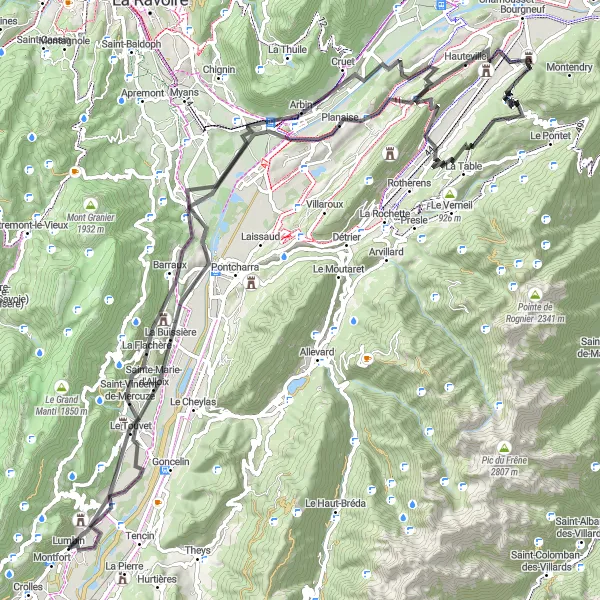 Miniature de la carte de l'inspiration cycliste "Route des Deux Cols" dans la Rhône-Alpes, France. Générée par le planificateur d'itinéraire cycliste Tarmacs.app