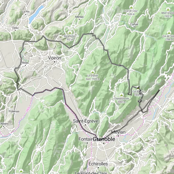 Miniatua del mapa de inspiración ciclista "Desafío de los Alpes" en Rhône-Alpes, France. Generado por Tarmacs.app planificador de rutas ciclistas