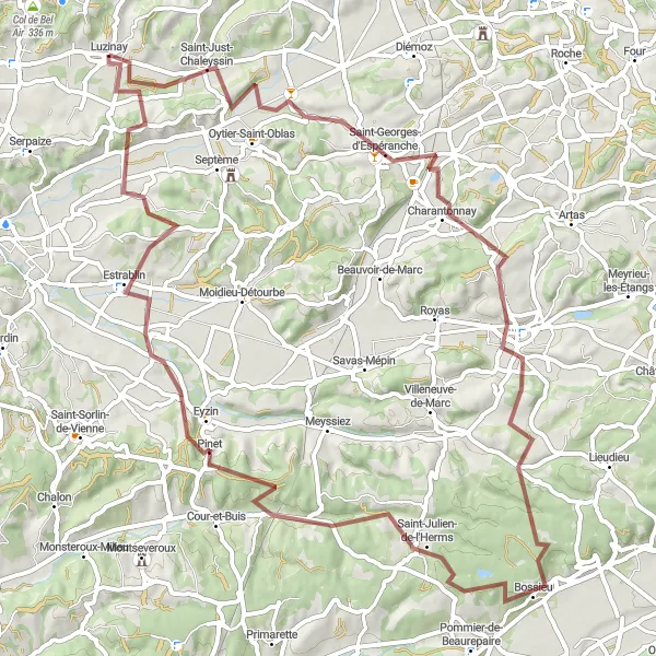 Kartminiatyr av "Grusvei til Bossieu Eventyr" sykkelinspirasjon i Rhône-Alpes, France. Generert av Tarmacs.app sykkelrutoplanlegger