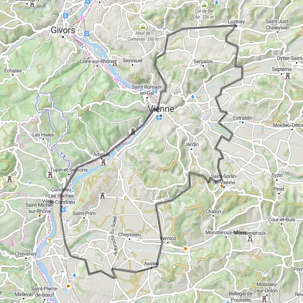 Kartminiatyr av "Landevei Sykkeltur til Condrieu" sykkelinspirasjon i Rhône-Alpes, France. Generert av Tarmacs.app sykkelrutoplanlegger