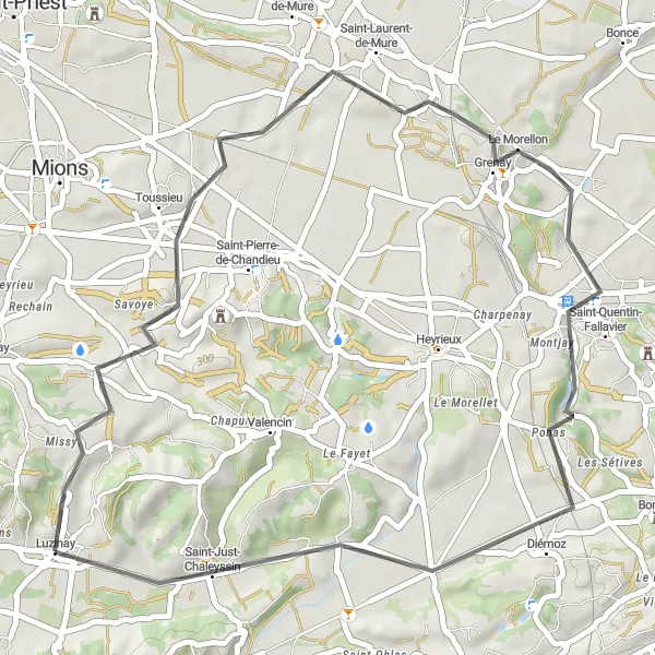 Miniaturní mapa "Okruh kolem Luzinay" inspirace pro cyklisty v oblasti Rhône-Alpes, France. Vytvořeno pomocí plánovače tras Tarmacs.app