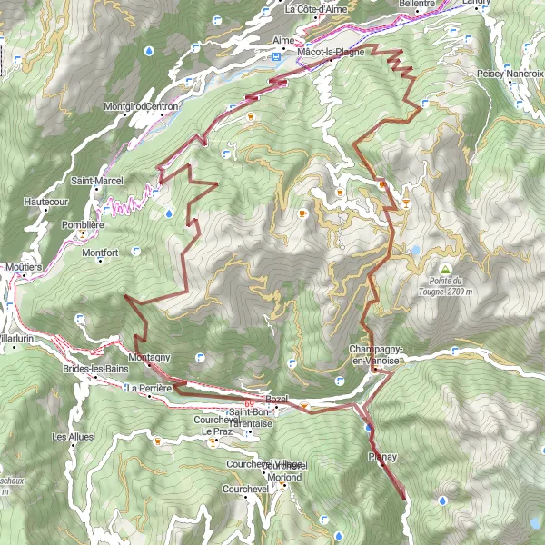 Map miniature of "Mâcot-la-Plagne Gravel Loop" cycling inspiration in Rhône-Alpes, France. Generated by Tarmacs.app cycling route planner