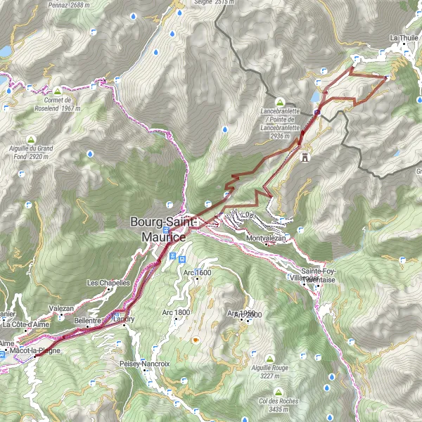 Miniatura della mappa di ispirazione al ciclismo "Giro in bicicletta a Mâcot-la-Plagne - Bourg-Saint-Maurice" nella regione di Rhône-Alpes, France. Generata da Tarmacs.app, pianificatore di rotte ciclistiche