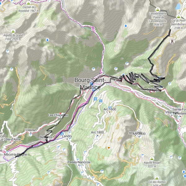 Karten-Miniaturansicht der Radinspiration "Tour de Plagne" in Rhône-Alpes, France. Erstellt vom Tarmacs.app-Routenplaner für Radtouren