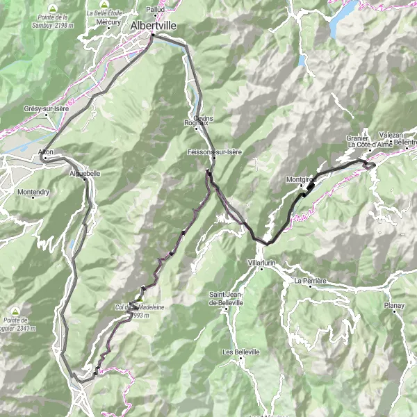 Zemljevid v pomanjšavi "S panoramskimi razgledi na Albertville in okoliške doline" kolesarske inspiracije v Rhône-Alpes, France. Generirano z načrtovalcem kolesarskih poti Tarmacs.app