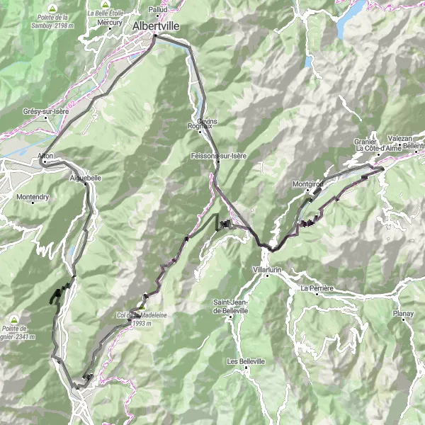 Map miniature of "Ultimate Alpine Challenge via Col de la Madeleine" cycling inspiration in Rhône-Alpes, France. Generated by Tarmacs.app cycling route planner