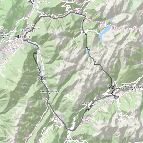 Miniatura della mappa di ispirazione al ciclismo "Tour in bicicletta da Mâcot-la-Plagne ad Aime" nella regione di Rhône-Alpes, France. Generata da Tarmacs.app, pianificatore di rotte ciclistiche