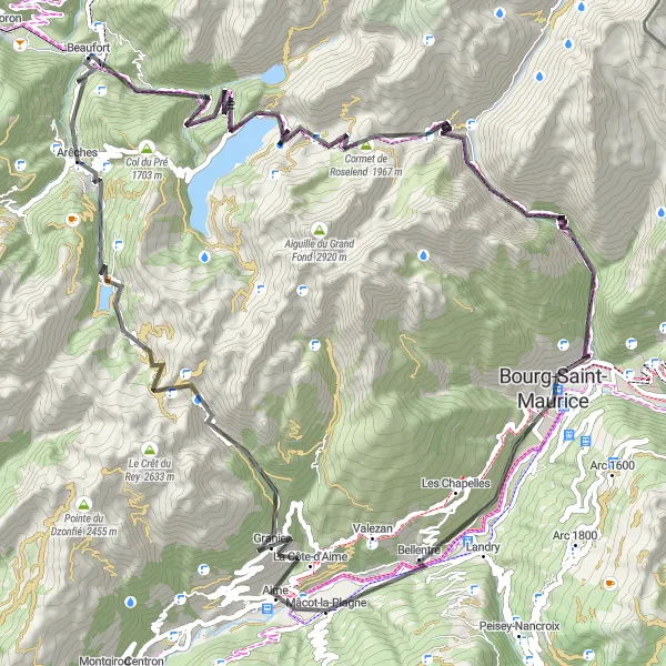 Mapa miniatúra "Trasa okolo Mâcot-la-Plagne" cyklistická inšpirácia v Rhône-Alpes, France. Vygenerované cyklistickým plánovačom trás Tarmacs.app