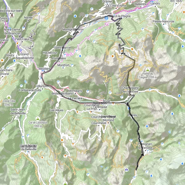 Mapa miniatúra "Plagne Villages - Aime Circuit" cyklistická inšpirácia v Rhône-Alpes, France. Vygenerované cyklistickým plánovačom trás Tarmacs.app