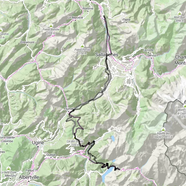 Miniature de la carte de l'inspiration cycliste "Le Tour des Aravis" dans la Rhône-Alpes, France. Générée par le planificateur d'itinéraire cycliste Tarmacs.app