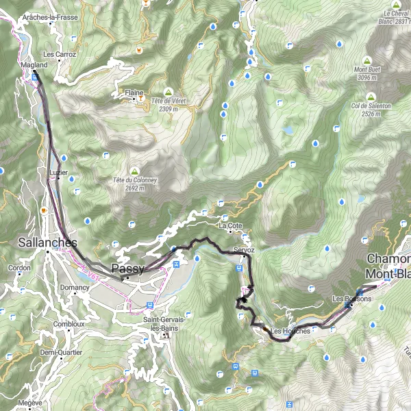 Miniaturní mapa "Trasa kolem Passey" inspirace pro cyklisty v oblasti Rhône-Alpes, France. Vytvořeno pomocí plánovače tras Tarmacs.app