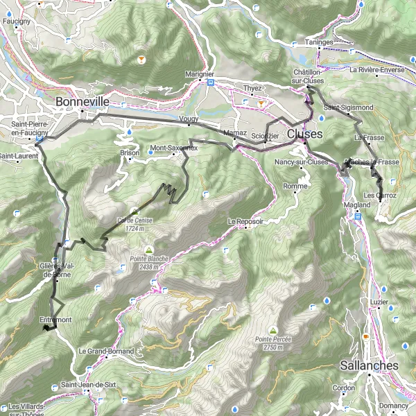 Miniatua del mapa de inspiración ciclista "Desafío en carretera por los Alpes Franceses" en Rhône-Alpes, France. Generado por Tarmacs.app planificador de rutas ciclistas