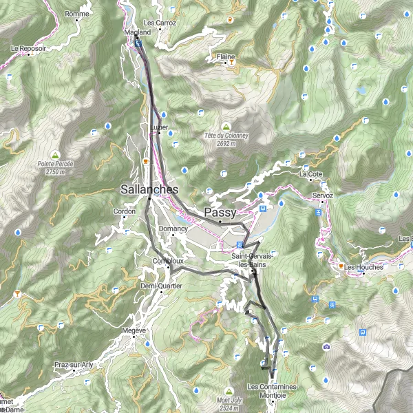 Miniaturekort af cykelinspirationen "Scenic Road Cycling Route near Magland" i Rhône-Alpes, France. Genereret af Tarmacs.app cykelruteplanlægger