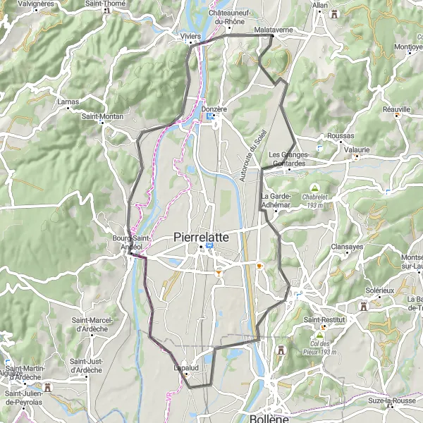 Karttaminiaatyyri "Les Granges-Gontardes - Viviers pyöräilyreitti" pyöräilyinspiraatiosta alueella Rhône-Alpes, France. Luotu Tarmacs.app pyöräilyreittisuunnittelijalla