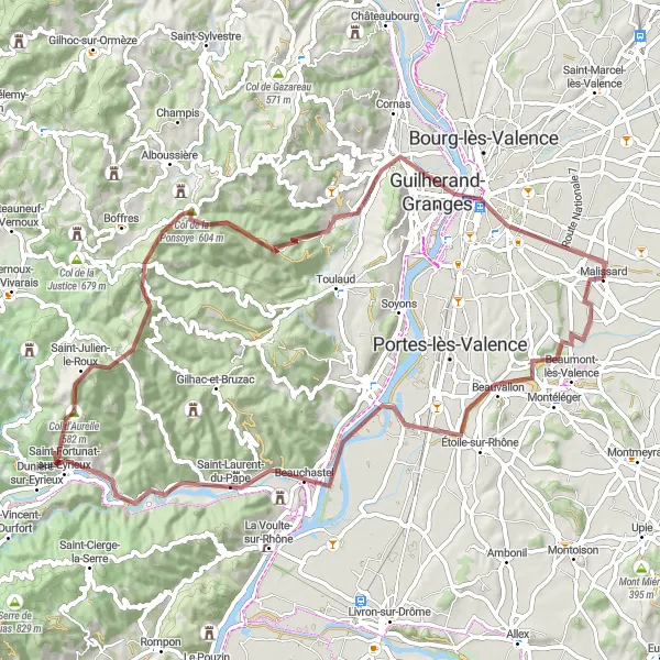 Miniatura della mappa di ispirazione al ciclismo "Avventura Gravel tra Valli e Colline" nella regione di Rhône-Alpes, France. Generata da Tarmacs.app, pianificatore di rotte ciclistiche