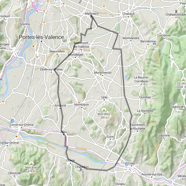 Map miniature of "Enchanting Ride through Grane and Étoile-sur-Rhône" cycling inspiration in Rhône-Alpes, France. Generated by Tarmacs.app cycling route planner