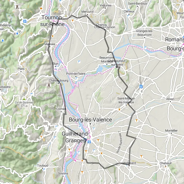 Mapa miniatúra "Malissard - Valence - Vue sur le Vercors et Valence - Belvédère de la Chapelle - Tain-l'Hermitage - Châteauneuf-sur-Isère - Saint-Marcel-lès-Valence - Malissard" cyklistická inšpirácia v Rhône-Alpes, France. Vygenerované cyklistickým plánovačom trás Tarmacs.app