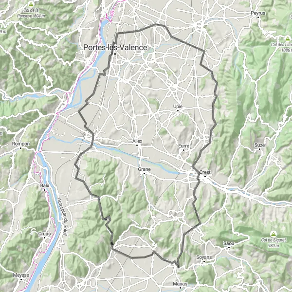 Mapa miniatúra "Malissard - Montvendre - Crest - Roynac - Cliousclat - Livron-sur-Drôme - Malissard" cyklistická inšpirácia v Rhône-Alpes, France. Vygenerované cyklistickým plánovačom trás Tarmacs.app