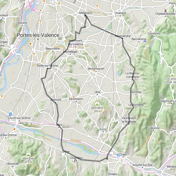 Miniatua del mapa de inspiración ciclista "Ruta de Ciclismo de Malissard a Montvendre y Ambonil" en Rhône-Alpes, France. Generado por Tarmacs.app planificador de rutas ciclistas