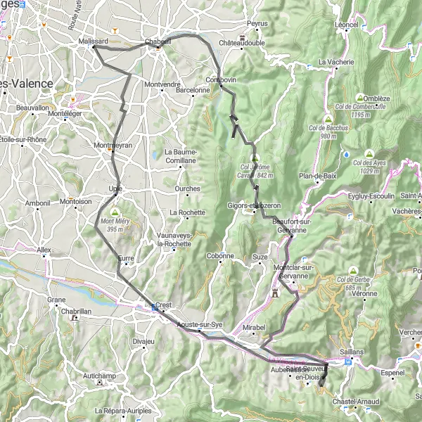 Miniature de la carte de l'inspiration cycliste "Le Défi des Cols Drômois" dans la Rhône-Alpes, France. Générée par le planificateur d'itinéraire cycliste Tarmacs.app