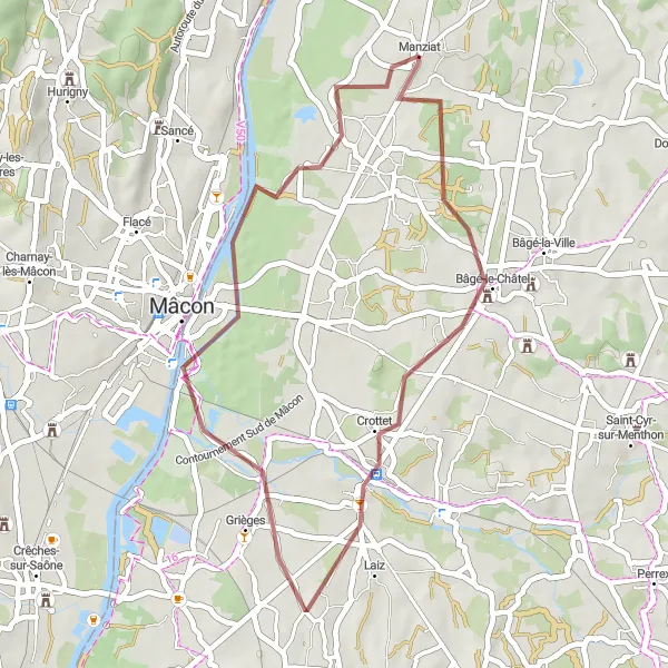 Miniaturní mapa "Gravelová cesta kolem Bâgé-le-Châtel" inspirace pro cyklisty v oblasti Rhône-Alpes, France. Vytvořeno pomocí plánovače tras Tarmacs.app