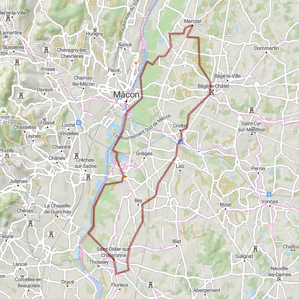 Karttaminiaatyyri "Crottet-Saint-Didier-sur-Chalaronne Gravel Cycling Route" pyöräilyinspiraatiosta alueella Rhône-Alpes, France. Luotu Tarmacs.app pyöräilyreittisuunnittelijalla