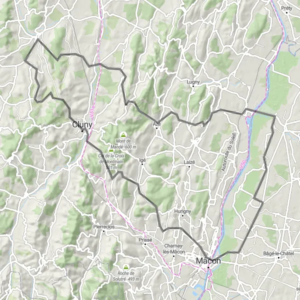 Karttaminiaatyyri "Historialliset nähtävyydet Clunyn tiellä" pyöräilyinspiraatiosta alueella Rhône-Alpes, France. Luotu Tarmacs.app pyöräilyreittisuunnittelijalla