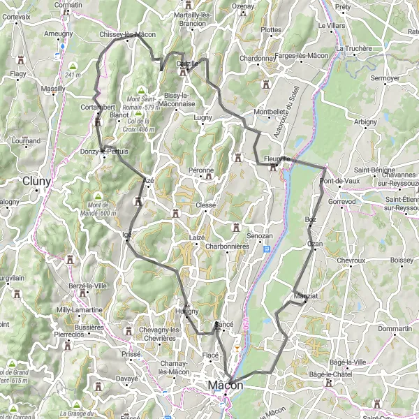 Miniatura della mappa di ispirazione al ciclismo "Giro in bicicletta tra Mâcon e Cruzille" nella regione di Rhône-Alpes, France. Generata da Tarmacs.app, pianificatore di rotte ciclistiche
