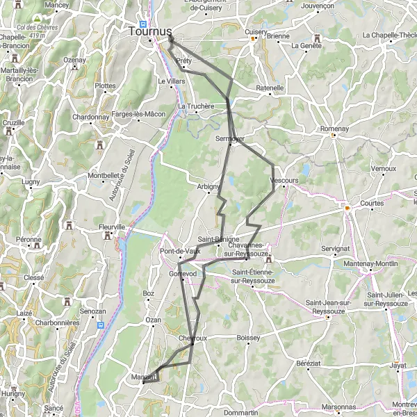 Miniature de la carte de l'inspiration cycliste "Boucle à vélo de Manziat à Saint-Bénigne" dans la Rhône-Alpes, France. Générée par le planificateur d'itinéraire cycliste Tarmacs.app
