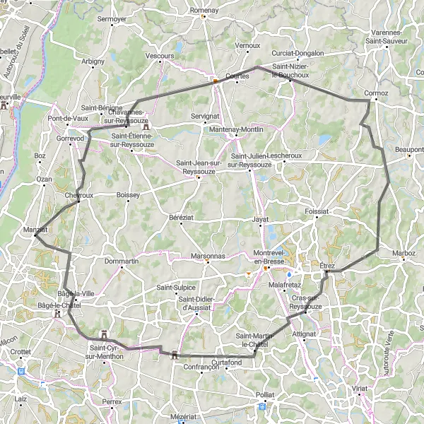 Miniature de la carte de l'inspiration cycliste "La Route de Saint-Trivier-de-Courtes" dans la Rhône-Alpes, France. Générée par le planificateur d'itinéraire cycliste Tarmacs.app