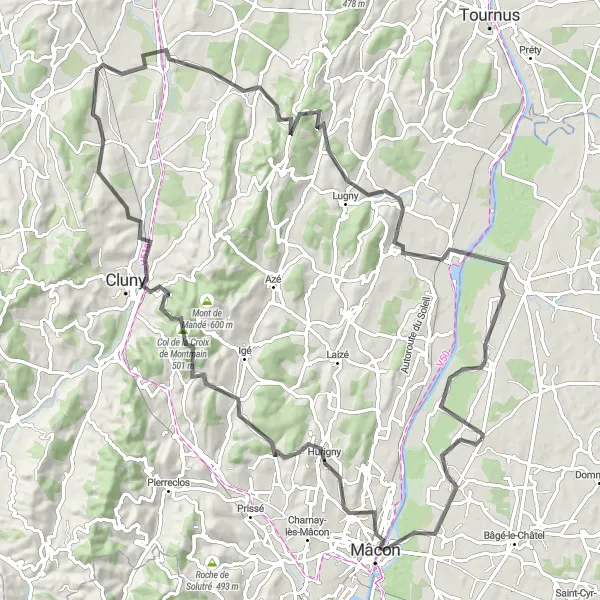 Miniatua del mapa de inspiración ciclista "Ruta de 100 km en carretera desde Manziat" en Rhône-Alpes, France. Generado por Tarmacs.app planificador de rutas ciclistas