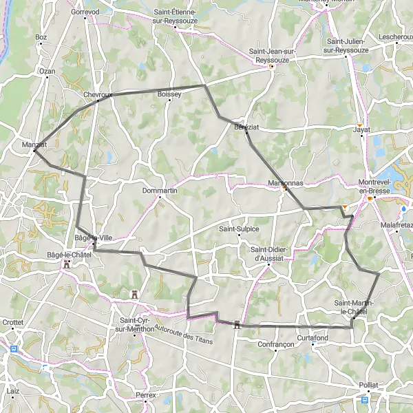Miniatura della mappa di ispirazione al ciclismo "Tra Manziat e Bâgé-la-Ville in bicicletta" nella regione di Rhône-Alpes, France. Generata da Tarmacs.app, pianificatore di rotte ciclistiche