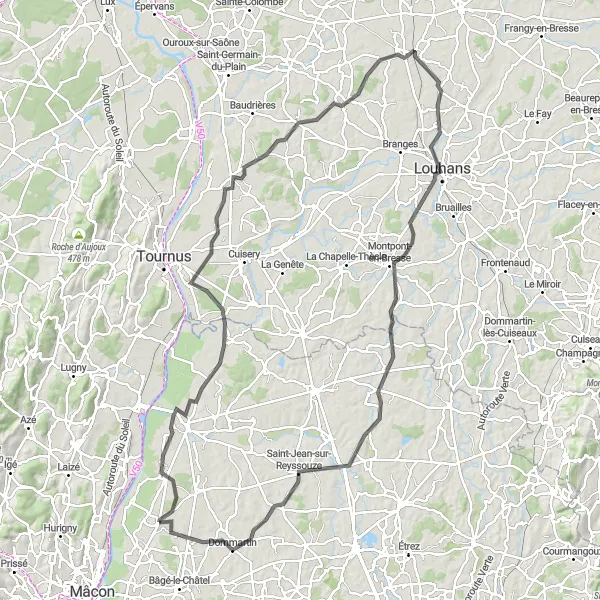 Karttaminiaatyyri "Maalaismaisemien kiertue Arbignystä Cropettetiin" pyöräilyinspiraatiosta alueella Rhône-Alpes, France. Luotu Tarmacs.app pyöräilyreittisuunnittelijalla