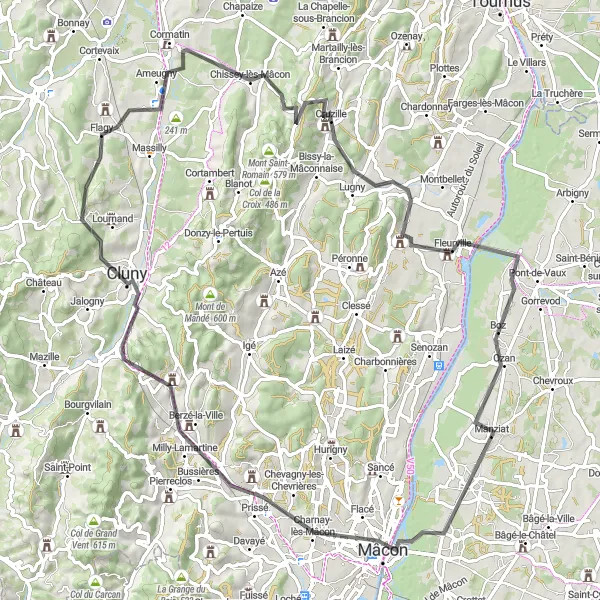 Kartminiatyr av "Manziat till Taizé cykeltur" cykelinspiration i Rhône-Alpes, France. Genererad av Tarmacs.app cykelruttplanerare