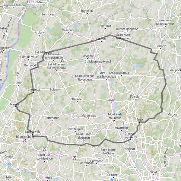 Mapa miniatúra "Cyklotrasa cez Saint-Nizier-le-Bouchoux" cyklistická inšpirácia v Rhône-Alpes, France. Vygenerované cyklistickým plánovačom trás Tarmacs.app