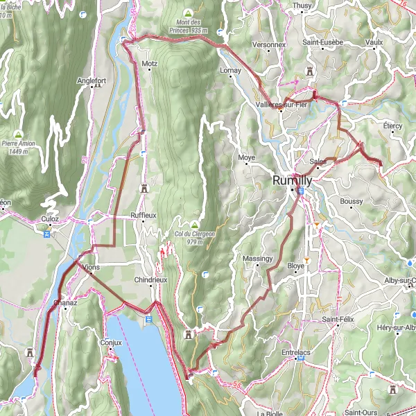 Miniaturní mapa "Gravel RIDE: Rumilly - Vions loop" inspirace pro cyklisty v oblasti Rhône-Alpes, France. Vytvořeno pomocí plánovače tras Tarmacs.app