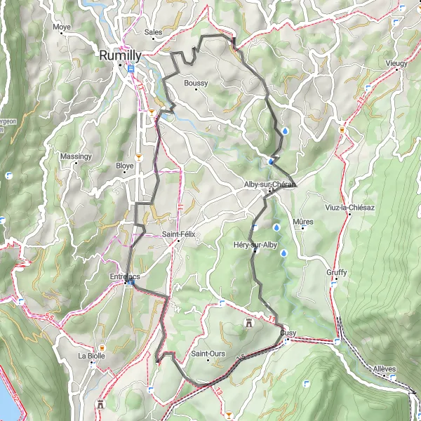 Miniatura mapy "Trasa przez Héry-sur-Alby i Les Crêts" - trasy rowerowej w Rhône-Alpes, France. Wygenerowane przez planer tras rowerowych Tarmacs.app