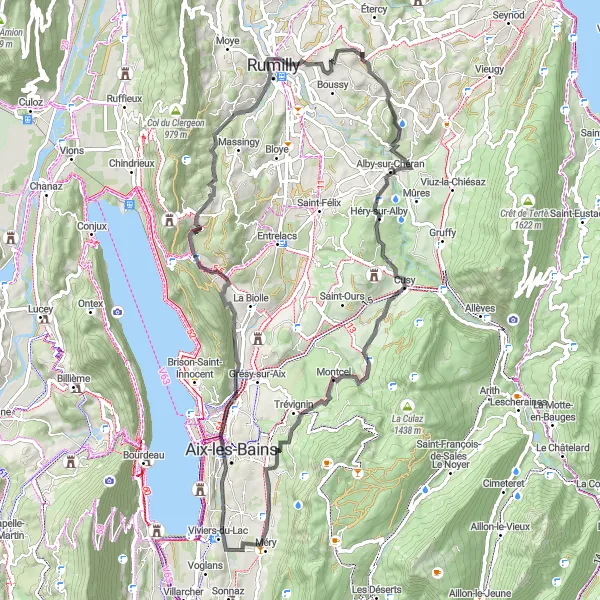 Miniaturní mapa "Road RIDE: Les Crêts - Marcellaz-Albanais loop" inspirace pro cyklisty v oblasti Rhône-Alpes, France. Vytvořeno pomocí plánovače tras Tarmacs.app