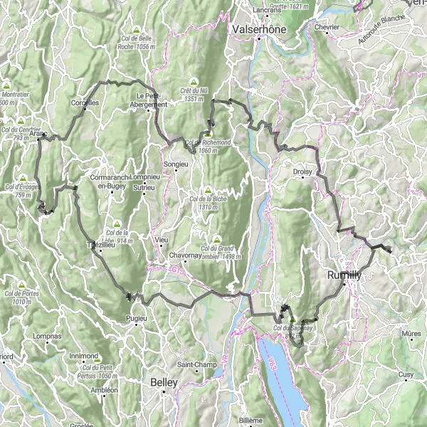 Miniatua del mapa de inspiración ciclista "Reto épico de ciclismo de 174 km con impresionantes ascensos" en Rhône-Alpes, France. Generado por Tarmacs.app planificador de rutas ciclistas