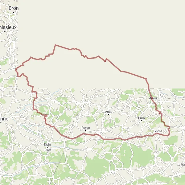 Miniatura della mappa di ispirazione al ciclismo "Rotta in bicicletta da Marennes a Luzinay e ritorno" nella regione di Rhône-Alpes, France. Generata da Tarmacs.app, pianificatore di rotte ciclistiche