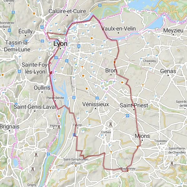 Miniatura della mappa di ispirazione al ciclismo "Avventura Gravel intorno a Lione" nella regione di Rhône-Alpes, France. Generata da Tarmacs.app, pianificatore di rotte ciclistiche