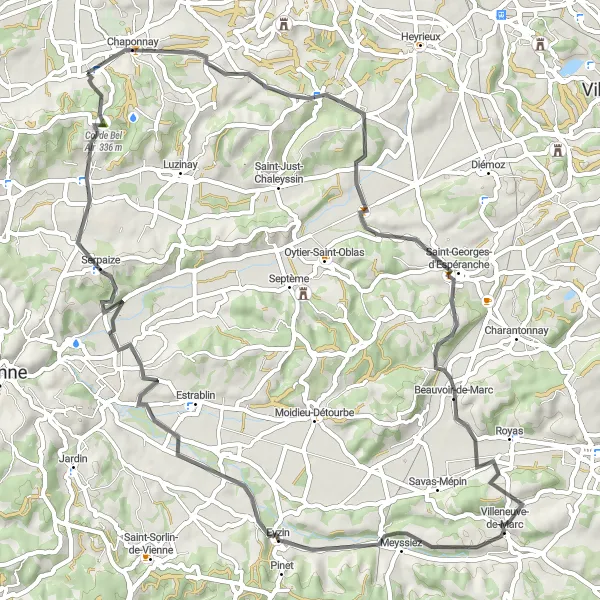 Kartminiatyr av "Kort og utfordrende sykkeltur i området" sykkelinspirasjon i Rhône-Alpes, France. Generert av Tarmacs.app sykkelrutoplanlegger