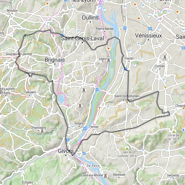 Zemljevid v pomanjšavi "Road Route Marennes - Saint-Genis-Laval" kolesarske inspiracije v Rhône-Alpes, France. Generirano z načrtovalcem kolesarskih poti Tarmacs.app