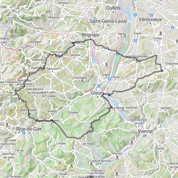 Karttaminiaatyyri "Maastopyöräreitti Marennesista Orliénasiin" pyöräilyinspiraatiosta alueella Rhône-Alpes, France. Luotu Tarmacs.app pyöräilyreittisuunnittelijalla