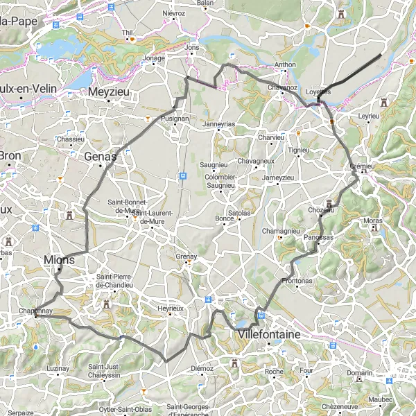Miniature de la carte de l'inspiration cycliste "Les Routes de l'Est Lyonnais" dans la Rhône-Alpes, France. Générée par le planificateur d'itinéraire cycliste Tarmacs.app